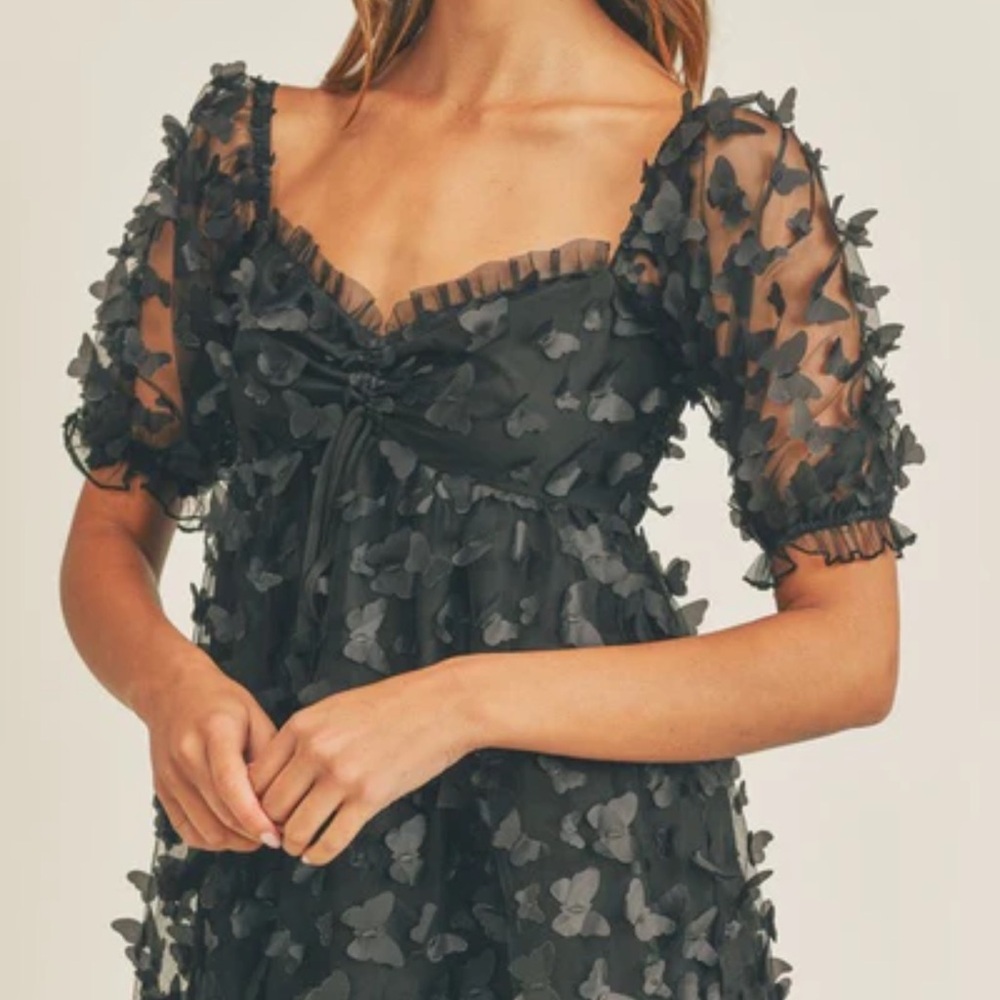 THIRTY THIRTY LA BLACK SHEER BUTTERFLY PUFF SLEEVE BABYDOLL MINI DRESS SIZE MED - Picture 4 of 9